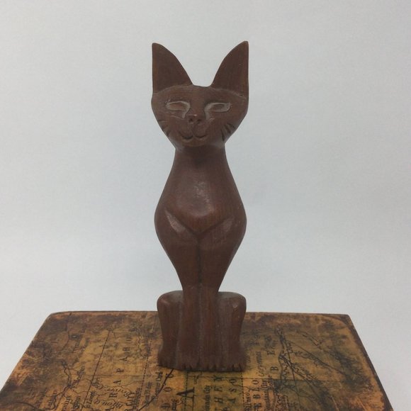 Hand Carved Sitting Cat Figurine Wood Carving